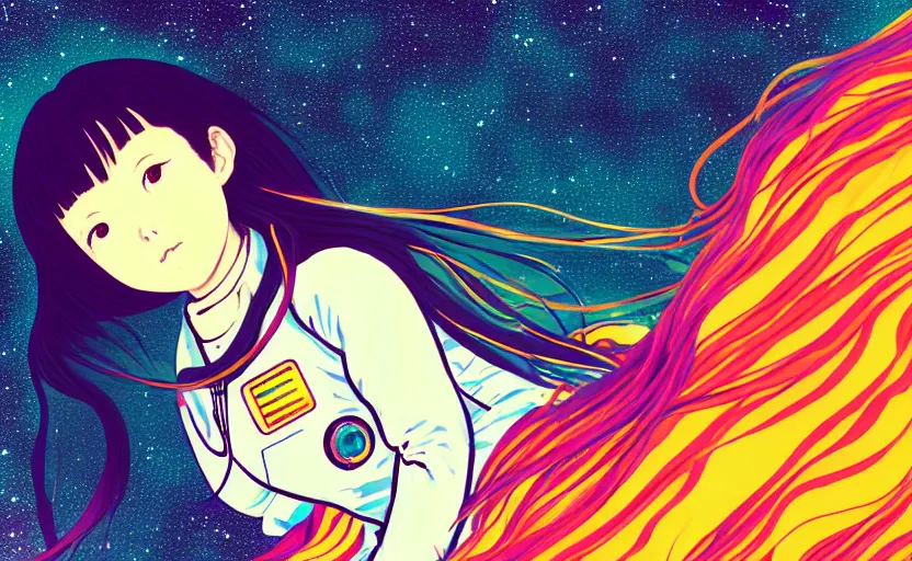 Prompt: fully body portrait of a young astronaut girl with flowing hair, anime, shigeto koyama,jean giraud, manga, bright colors, beautiful, 28mm lens, vibrant high contrast, gradation, cinematic, rule of thirds, great composition, intricate, detailed, flat, matte print, sharp,clean lines,gustav klimt