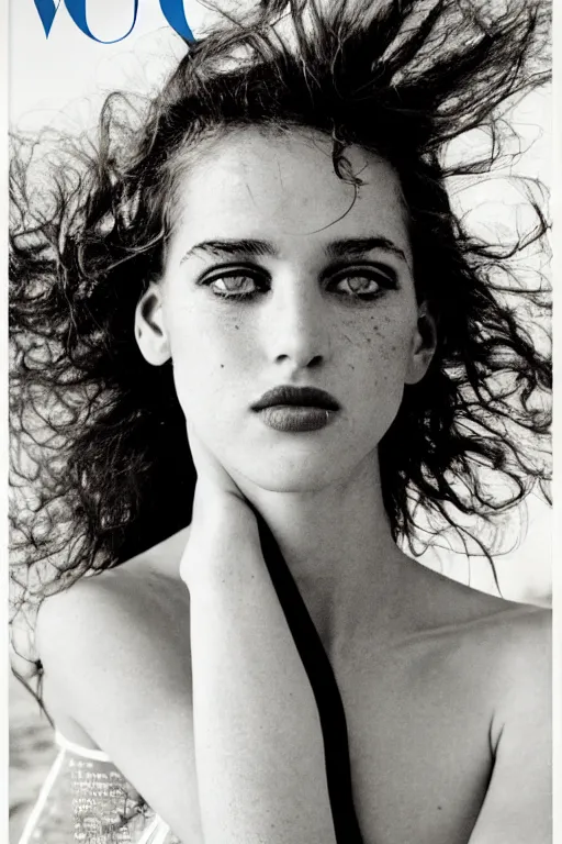 Image similar to a beautiful professional photograph by herb ritts, arthur elgort and ellen von unwerth for vogue magazine of a beautiful lightly freckled and unusually attractive female fashion model looking at the camera in a flirtatious way, zeiss 5 0 mm f 1. 8 lens