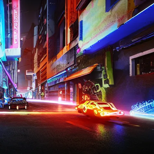 Prompt: a 3 d rendered in unreal engine guatemalan cyberpunk city with neon ads and signs with evocative dramatic mood with blade runner vibe with cars with motion blur with depth of field with bloom with lightshaft with volumetric lights, fog, by scott robertson, oscar winning graphics, photo realistic, bloom, imax, dynamic lighting, artstation, 3 d video game