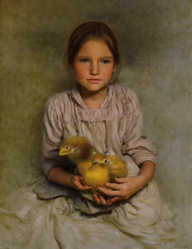 Image similar to portrait of little peasant girl with chick, cottage core, cinematic focus, polaroid photo bleached vintage pastel colors high - key lighting, soft lights, foggy, by steve hanks, by lisa yuskavage, by serov valentin, by tarkovsky, 8 detailed, oil on canvas