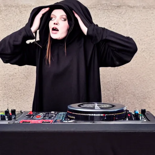 Prompt: a witch wearing a dark hooded cloak on the dj decks