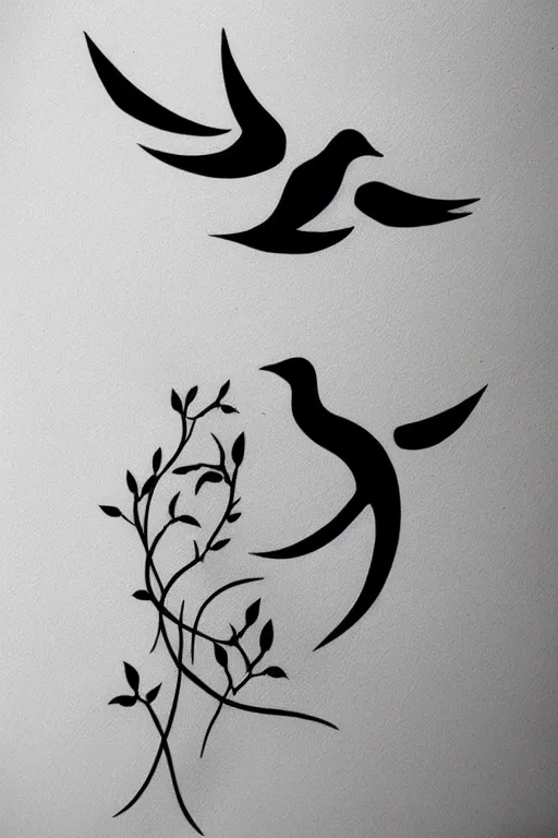 Image similar to a simple tattoo design of minimalist flying birds, by bacht, black ink, abstract logo, line art