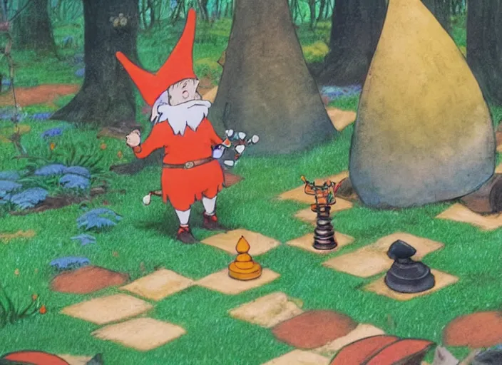 Prompt: two gnomes playing chess in a forest, cute, colourful, detailed, intricate, smooth, fluid, high contrast, high quality, pastel colours, brushed, 4 k, by studio disney and studio ghibli and maurice sendak and richard scarry