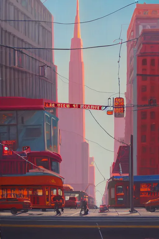 Prompt: Market Street, San Francisco; oil on canvas by Klaus Bürgle and Imperial Boy and Simon Stålenhag;