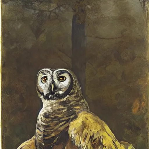 Prompt: obese physique feathered round beak Portrait of Henry James camouflaged as Owl whilst wearing a yellow tuxedo Standing atop a Garbage Truck Greg Rutkowski Vik Muniz clarence holbrook carter Andrew Wyeth Dan Witz