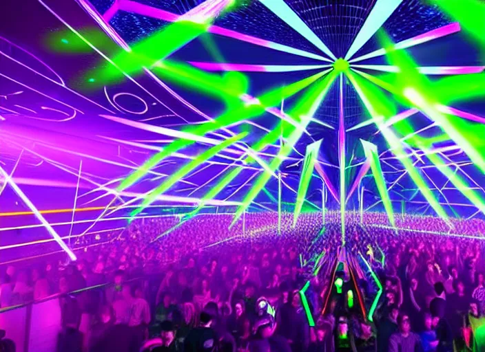 Prompt: a modern nightclub with neon laser show, highly detailed crowd of people, viewed from a massive beautiful dj stage in the style of tomorrowland, highly symmetrical, massive scale, highly detailed, hd, unreal engine