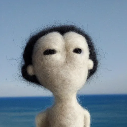 Image similar to A beautiful digital art of a human-like creature with long, stringy hair. The figure has no eyes, only a mouth with long, sharp teeth. The creature is standing on a cliff overlooking a dark, foreboding sea. needle felting by Shaun Tan, by Tony Oursler realistic