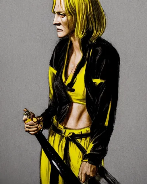 Prompt: drawing of a beautiful uma thurman in kill bill, wearing a yellow jumpsuit with a black stripe, swinging katana, beautiful confident and piercing eyes, beautiful blonde hair, hyper realistic face, with autumn leafs, in the style of greg rutkowski, amazing detail, epic, elegant, smooth, sharp focus, from the front