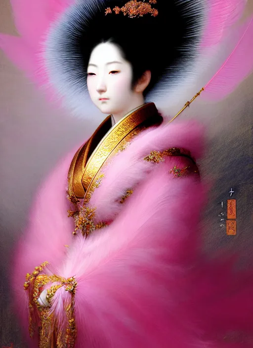 Image similar to stunning japanese godess princess, detailed pink and white million of feathers head peace against a black backdrop by ivan aivazovsky, 3 / 4 view portrait, wlop, super sharp details, photorealism, canon 5 d, 5 0 mm lens, stunning photoshot, beautiful soft lighting, muted colours, artstation