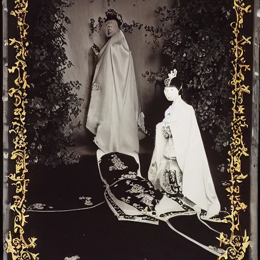 Prompt: A wide-angle, full-shot, colourful black-and-white Russian and Japanese historical fantasy portrait taken within the royal wedding cathedral in 1907 that was inspired by an enchanted ethereal forest was photographed by the event's official photographer.