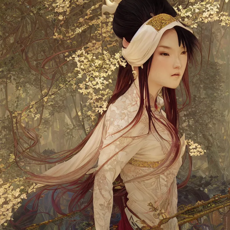 Prompt: a beautiful realistic painting of kukai at koyasan, intricate, elegant, horns, girl, highly detailed, digital painting, artstation, concept art, by krenz cushart and artem demura and alphonse mucha, vibrant colors and hard shadows and strong rim light