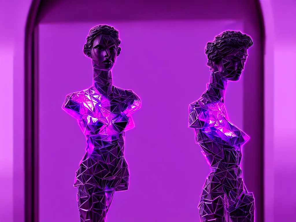 Image similar to beautiful mannequin sculpted out of amethyst by billelis + lit with purple 3 d geometric neon + chrome geometric cubed bonsai plants!!!!, doorway opening with neon pink geometric light, clean linework, dramatic, finely detailed, rule of thirds, moody, confident, award winning, 4 k, trending on artstation, photorealistic, volumetric lighting, octane render