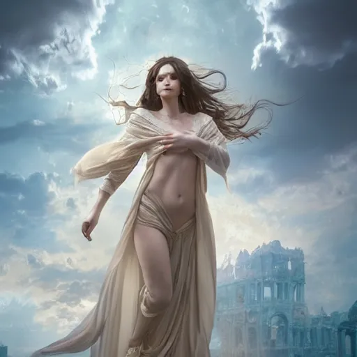 Image similar to a beautiful sorceress floating on air with elegant looks, flowing robe, ornate and flowing, intricate and soft by miho hirano, ruan jia, tom bagshaw,, wlop, beautiful roman architectural ruins in the background, epic sky, half body shot, vray render, artstation, deviantart, pinterest, 5 0 0 px models