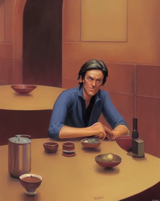 Image similar to rhett sarlin sitting at a table in a cantina on tatooine, long black hair in a ponytail, portrait by ralph mcquarrie