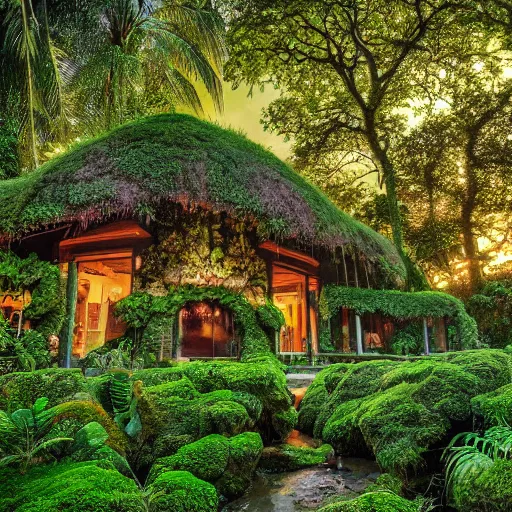 Prompt: a jungle giant mansion surrounded by moss and tropical flowers, with a sunset, by alex horley, bokeh photography