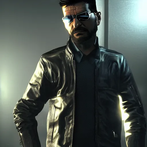 Image similar to Adam Jensen from Deus Ex as a GTA character, by Cedric Peyravernay, highly detailed, excellent composition, cinematic concept art, dramatic lighting, trending on ArtStation