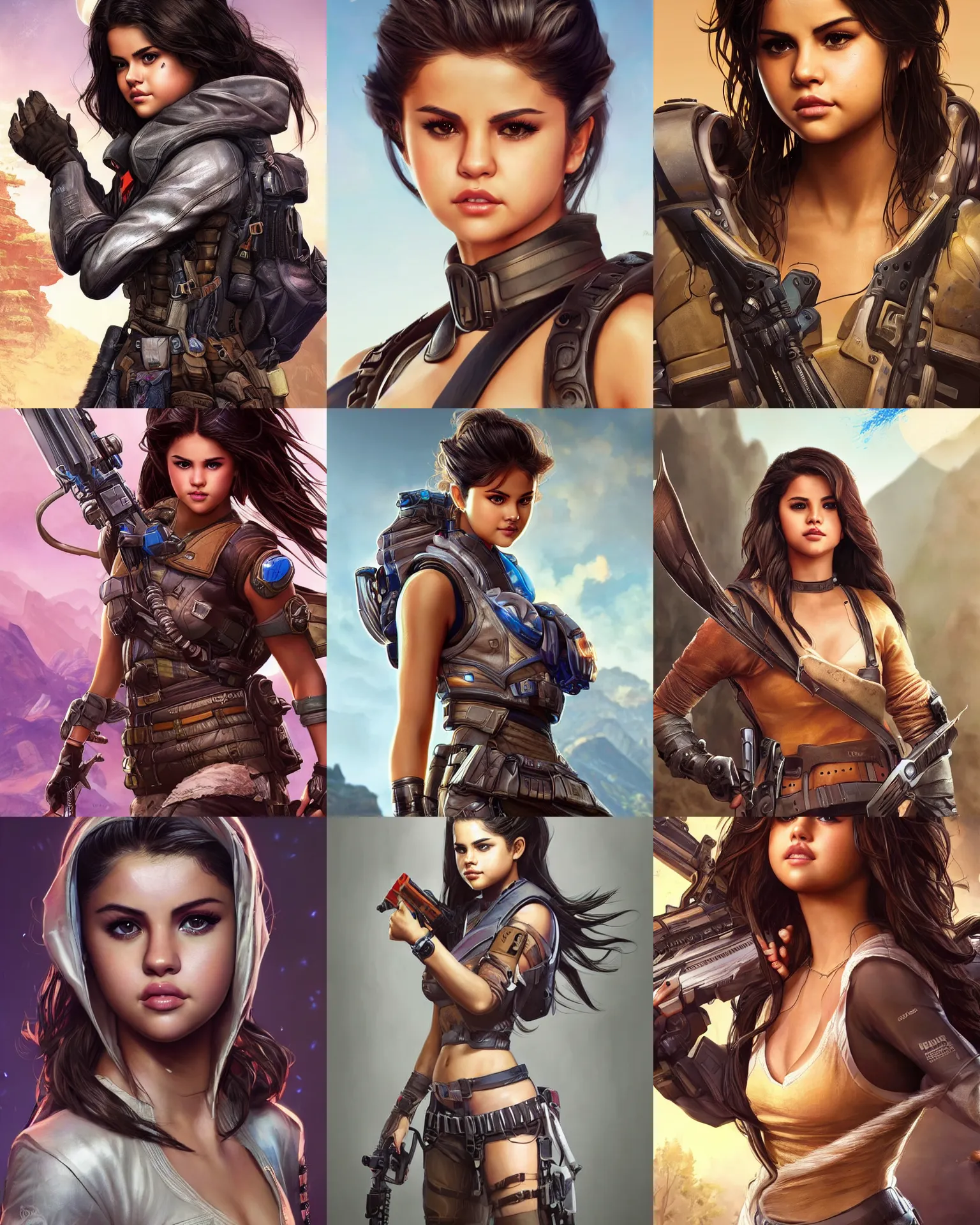 Prompt: Selena Gomez as an Apex Legends character digital illustration portrait design by, Mark Brooks and Brad Kunkle detailed, gorgeous lighting, wide angle action dynamic portrait