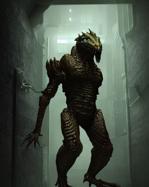 Image similar to Sci-Fi Lizardman, armored, by Moebius, rifle, sharp focus, dark Spaceship hallway background, heroic pose, sci-fi horror artwork, very dark, octane render, dead space artwork, cyberpunk, horror, volumetric lighting, 8k high definition, highly detailed, trending on art Station, by Greg Rutkovski, magic the gathering artwork, centered, horror, sci-fi artwork,