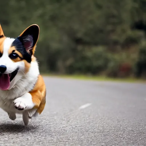 Image similar to people running away screaming scared for their life from a cute derpy corgi with the tongue out