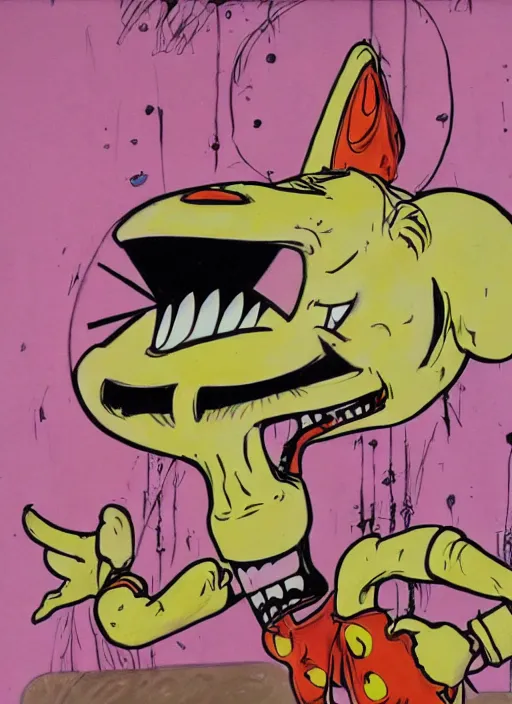 Prompt: a grotesque painting of a vocaloid caricature with a big dumb grin featured on Nickelodeon by jack davis