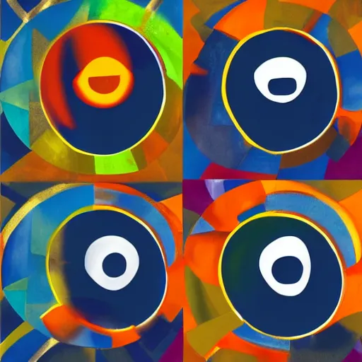 Image similar to abstract, and somewhat cubist. the central image is of a round, happy looking man, his hands spread wide. he smiles up towards an orange sun. the background is a dark, murky, blueish color. the effect is somewhat disturbing.