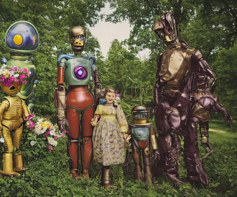 Prompt: 70mm film still from a sci fi blockbuster color movie made in 2019, set in 1860, of a human family standing in a park, next to some alien plants and flowers, their cute humanoid robot is standing next to them, on an alien planet, the family are all wearing 1850s era clothes, good lighting, good photography
