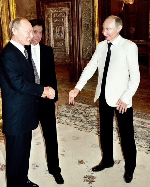 Image similar to sixty years old viktor tsoi with joyful look in a business suit shaking hands with vladimir putin in kremlin, moscow, color photo, mid shot photo, official photo, digital photo, 4 k