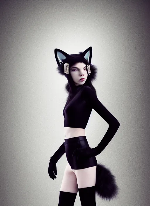 Prompt: full body environmental portrait photo of dressed catgirl anya taylor - joy, cat ears made from fur, glamour shot by gemmy woud - binnendijk, chris knight, photorealistic, canon r 3, fashion photography, elegant, luxury and elite, symmetry, octane render, unreal engine, solid dark grey background, dramatic lights, high fashion journal cover