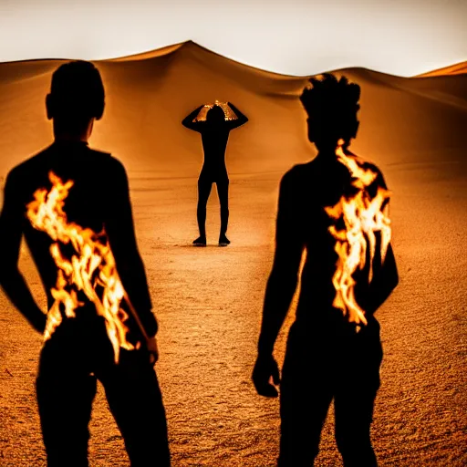 Image similar to photograph of three ravers photographed from behind, talking around a fire, photorealistic, dancefloor kismet, diverse costumes, clean composition, desert transition area, bonfire, night, australian desert, xf iq 4, symmetry, sony a 7 r, 1 5 0 mp, 5 0 mm