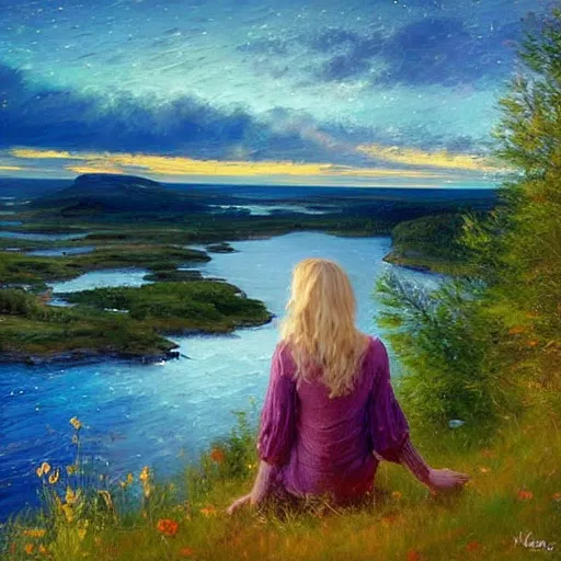 Image similar to blonde woman watching over the swedish countryside, archipelago, night, masterpiece, highly detailed, beautiful, atmospheric, impressionism, painting by Vladimir Volegov