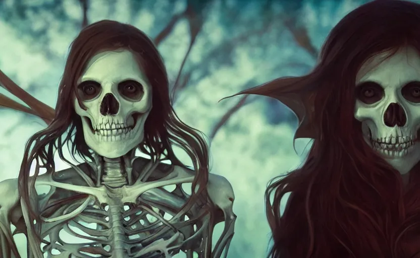 Image similar to skeleton with eyes, cinematic shot, 8 k, art by artgerm and greg rutkowski and alphonse mucha, movie screenshot