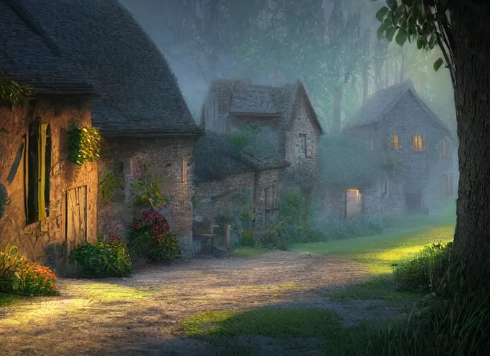 Image similar to and furnished by the late afternoon light, mist curdling like a blurry feast, the haze descends upon this idyllic village, and it is time to rest. the most pleasing, soothing sound can be heard from secret corners of this cozy place. we are safe inside these walls. we are at peace.