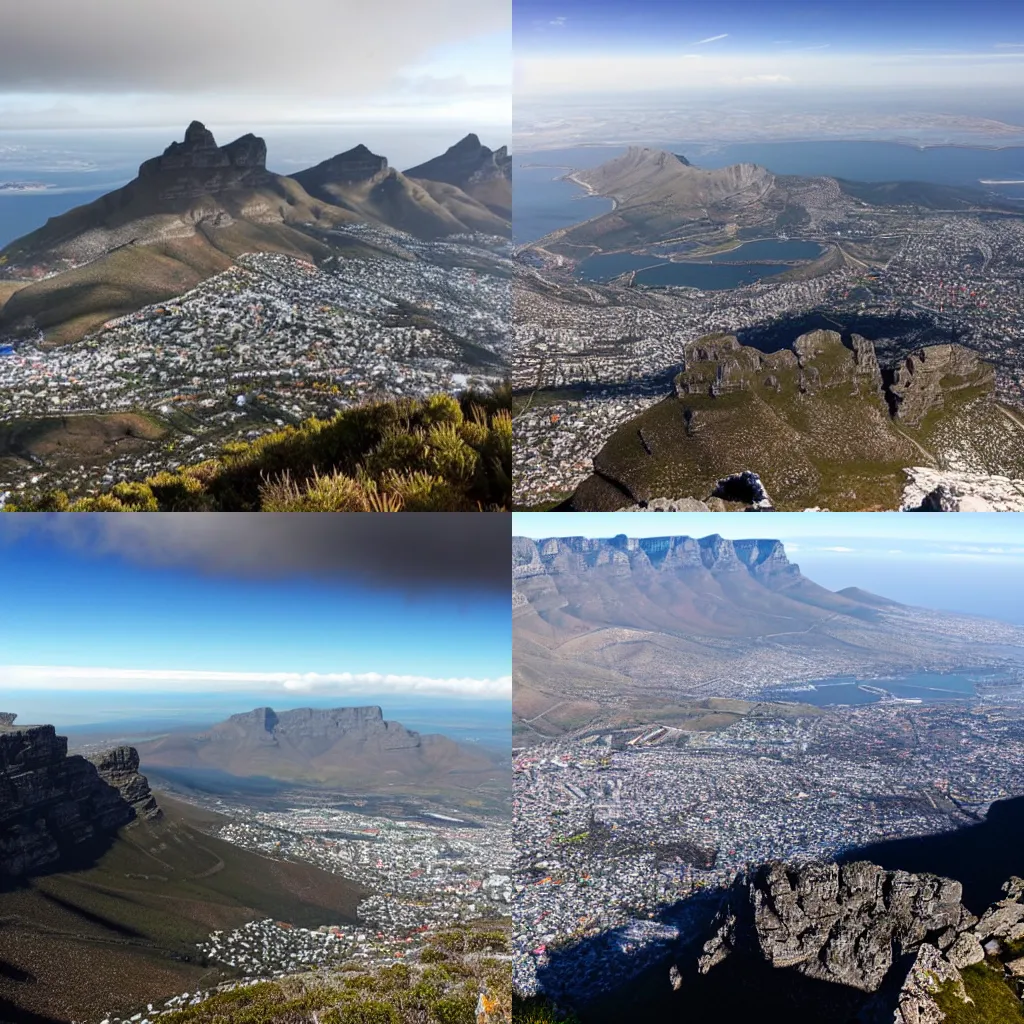 Prompt: view from table mountain to a snowy cape town