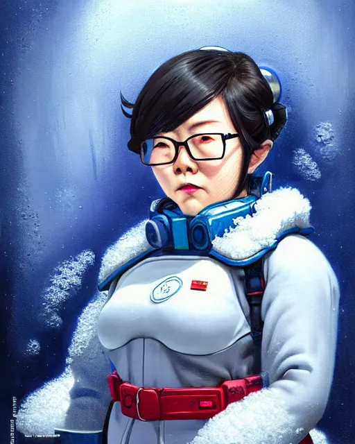 Image similar to mei from overwatch, character portrait, ice, cold, snow, sci - fi suit, portrait, close up, concept art, intricate details, highly detailed, vintage sci - fi poster, retro future, in the style of chris foss, rodger dean, moebius, michael whelan, and gustave dore