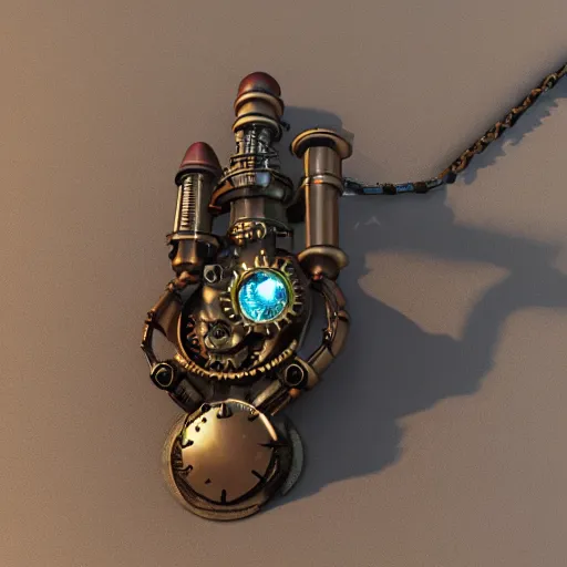 Image similar to steampunk amulet with diamond jewel and small steam tubes, volumetric lightning, octane render, realistic fog, extremely high detailed