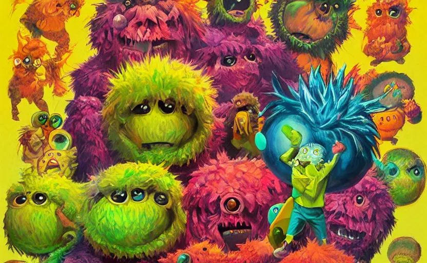 Image similar to a cinematic poster squad of tennis ball monsters, colorful, digital art, fantasy, magic, chalk, trending on artstation, ultra detailed, professional illustration by basil gogos