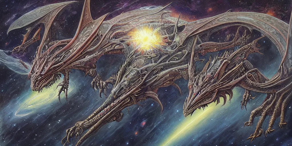 Image similar to an alien dragon flying in outer space, Dan Seagrave art