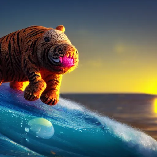 Image similar to a closeup photorealistic photograph of a cute smiling knitted tiger hippopotamus chasing a beachball at sunset. surf in the background. professional capture. this 4 k hd image is trending on artstation, featured on behance, well - rendered, extra crisp, features intricate detail, epic composition and the style of unreal engine.