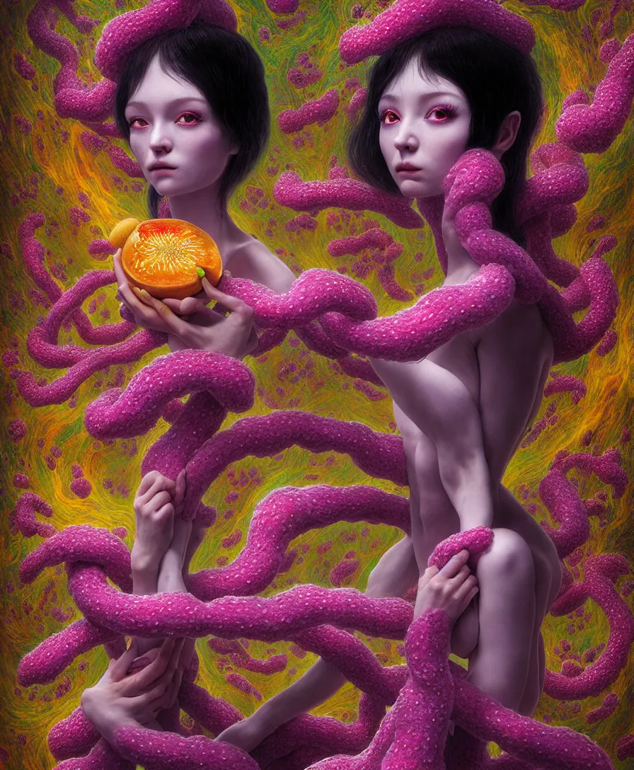 Image similar to hyper detailed 3d render like a Oil painting - kawaii portrait Aurora demon (ancient black haired Fae acrobat) seen Eating of the Strangling network of yellowcake aerochrome and milky Fruit and Her delicate Hands hold of gossamer polyp blossoms bring iridescent fungal flowers whose spores black the foolish stars by Jacek Yerka, Mariusz Lewandowski, Houdini algorithmic generative render, Abstract brush strokes, redshift render, Masterpiece, Edward Hopper and James Gilleard, Zdzislaw Beksinski, Mark Ryden, Wolfgang Lettl, hints of Yayoi Kasuma, extremely detailed, 8k