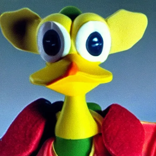 Image similar to duck creature, toy commercial from the 90s, vhs footage, haunted