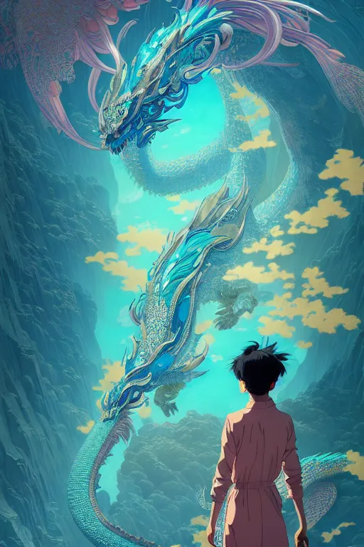 Image similar to a beautiful hyperdetailed character design 4 k wallpaper illustration of a huge cyan dragon, victo ngai style, from china, style of studio ghibli, makoto shinkai, raphael lacoste, louis comfort tiffany, denoise, deblurring, artgerm, xision, james jean, ross tran, chinese style