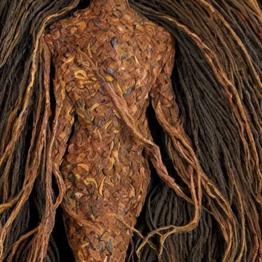 Prompt: dmt bodies. Mesh of human figures intertwined. earthen colors. The medium of this sculpture is human hair. A mess of human hair. Matted hair woven dreadlock sculpture. Tangled splitend hair. barbershop floor. Sculpted by August Rodine.