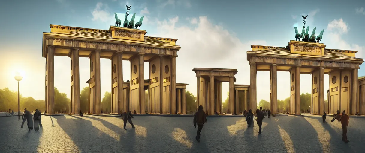 Prompt: brandenburg gate Germany, futuristic digital painting, matte painting, photoshop concept art, skyline in back, in the style of Ralph Mcquarrie, warm lighting, trending on artstation, high detail, sci fi, bright colours, vivid colours