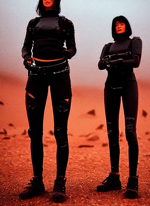 Image similar to cinestill 5 0 d photographic portrait of two loving female androids wearing rugged black techwear on a desolate plain with a red sky, extreme closeup, lizard on ground, cyberpunk style, in front of a brutalist dark metal facility, dust storm, 8 k, hd, high resolution, 3 5 mm, f / 3 2