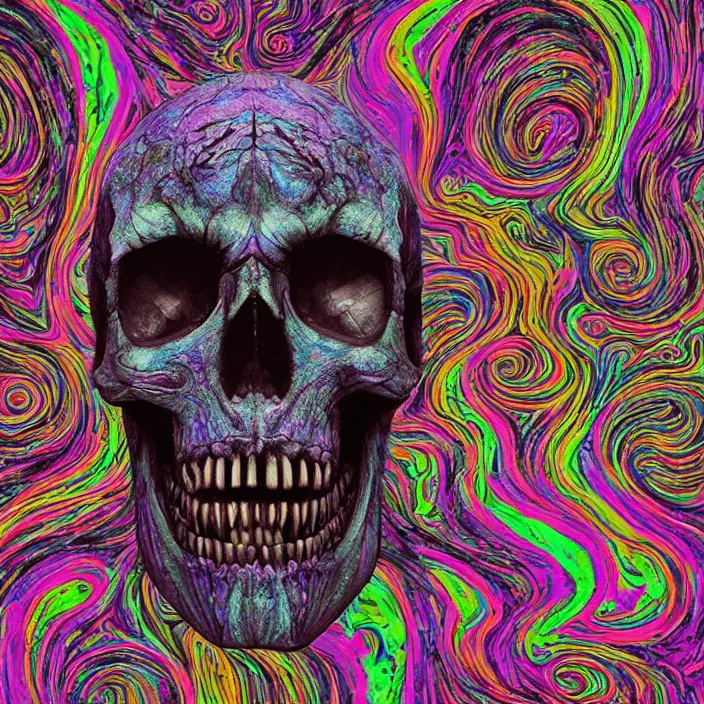 Prompt: portrait of a psychedelic skull. razor sharp teeth. infected with zombie virus. intricate abstract. intricate artwork. nightmare fuel. by Tooth Wu, wlop, beeple, dan mumford. octane render, trending on artstation, greg rutkowski very coherent symmetrical artwork. cinematic, hyper realism, high detail, octane render, 8k, iridescent accents