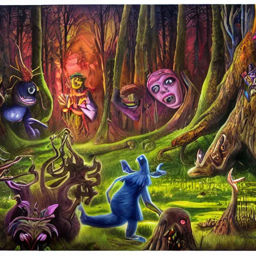 Image similar to a scene of colorful cartoon monsters in the clearing of a dark fantasy forest surrounded by darkness. hyperrealist illustration. muted colors. 1 9 7 0's pulp science fiction and fantasy cartoon for alice in wonderland and wizard of oz. highly detailed and richly colored painting by don ivan punchatz. trending on artstation