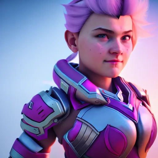 Image similar to a young girl with the appearance and armor of zarya from overwatch, design, octane render, 4 k, ingame shot