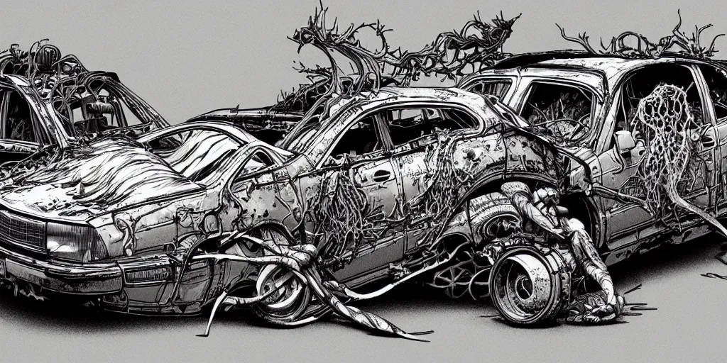 Prompt: a big woman axolotl in evil burning wrecked mercedes 1 2 4, ultrafine hyperdetailed illustration by kim jung gi