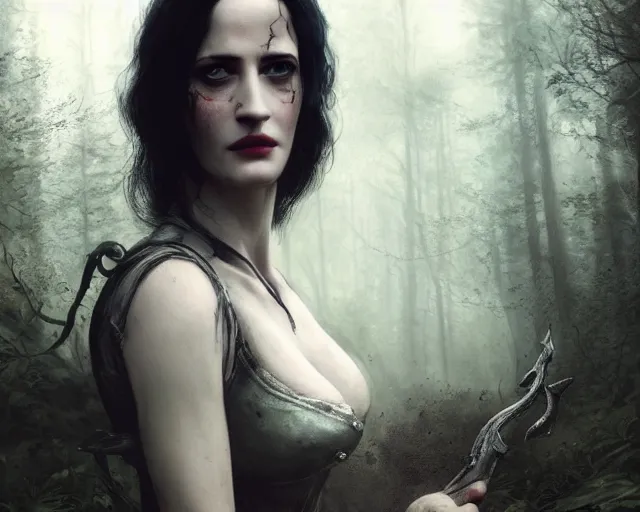 Image similar to 5 5 mm portrait photo of a real life tough looking eva green as ciri with ashen hair and a large scar along her left cheek, in a magical forest. dark atmosphere. art by greg rutkowski. highly detailed 8 k. intricate. lifelike. soft light. nikon d 8 5 0.