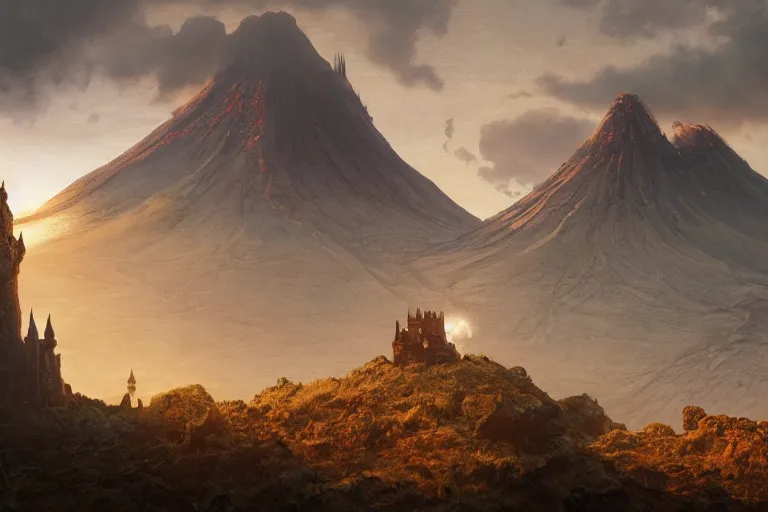 Image similar to single small fantasy castle in foreground, highly detailed, barren landscap, volcanoe in background, lavaflows in the foreground, illustrated by Greg Rutkowski and Gaston Bussiere, 35mm lens, beautiful macro close-up imagery, lush lighting, beautiful volumetric-lighting-style atmosphere